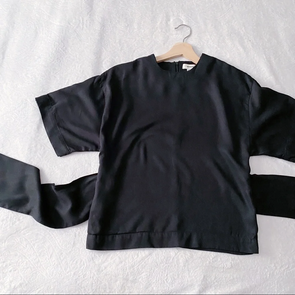 Black Tied Waist Wide Sleeve Blouse
